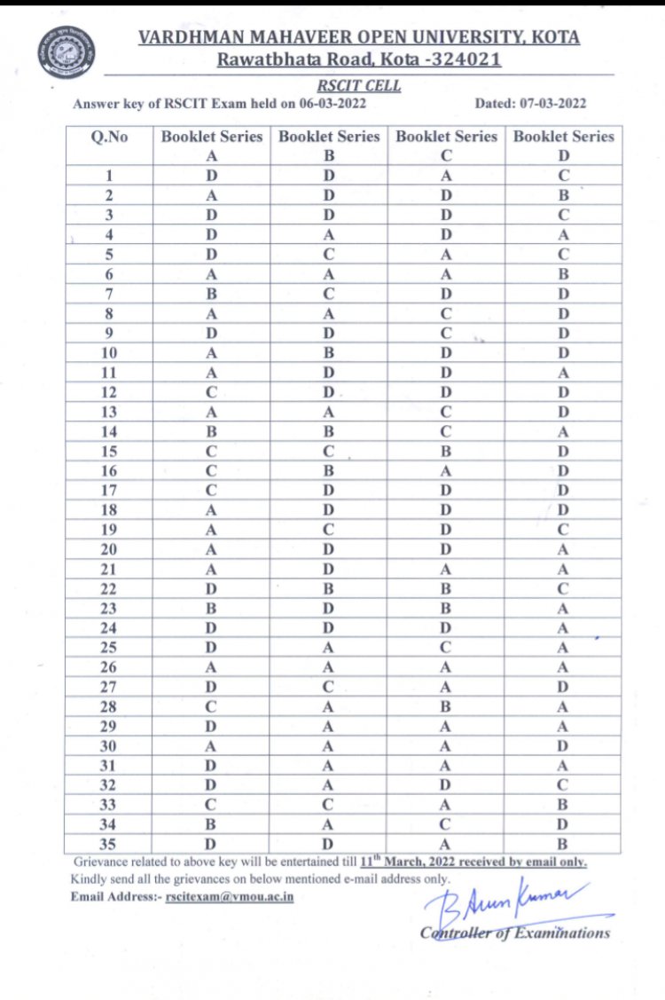 VMOU ने जारी की 6 मार्च 2022 को आयोजित RSCIT परीक्षा की AnswerKey