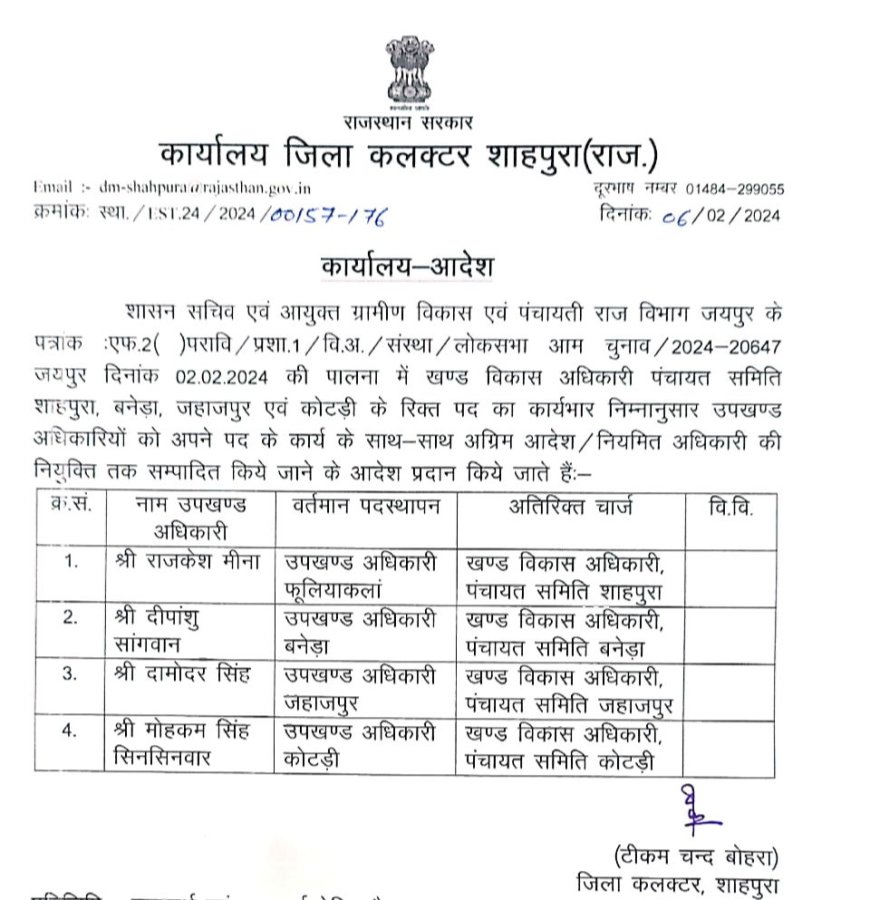 उपखण्ड अधिकारी को रिक्त विकास अधिकारी का अतिरिक्त कार्यभार संभालने आदेश